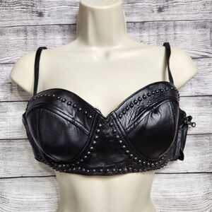 Vintage First Leather Bra Bralette Top Size Medium Black Studded Grunge Emo Y2K